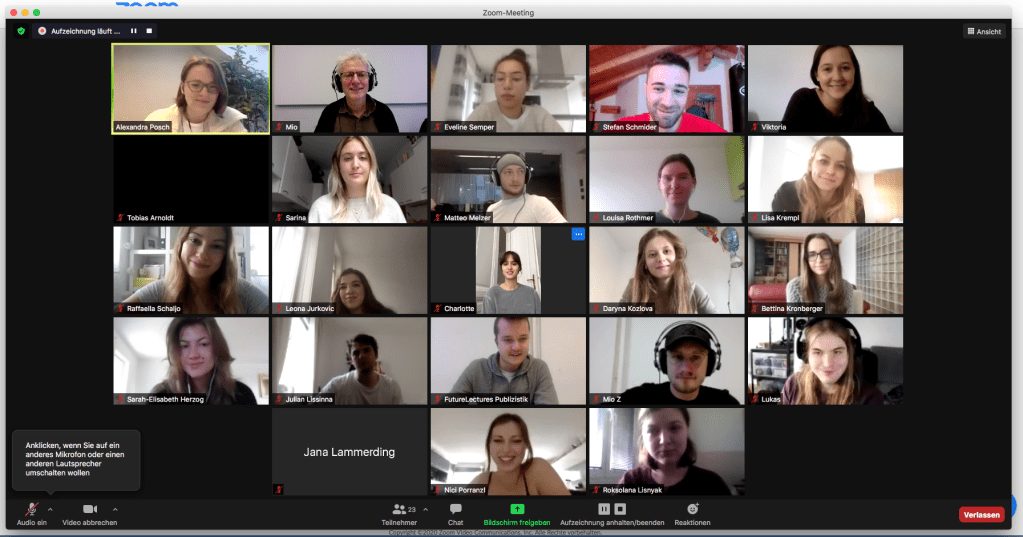 Die Teilnehmenden der Publizistik-Lehrveranstaltung Übung PR KfN beim ersten Testlauf des Events am 30. Oktober 2020.